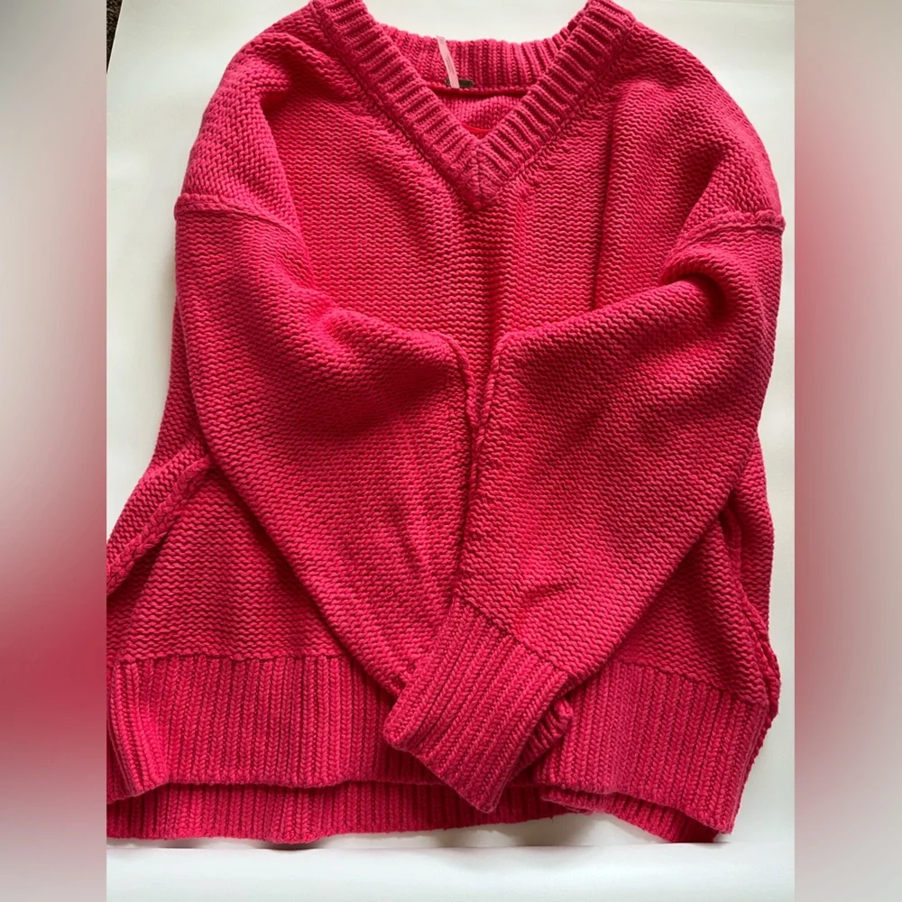 Free People Relaxed V-Neck Sweater in Hot Pink - Picture 1 of 6